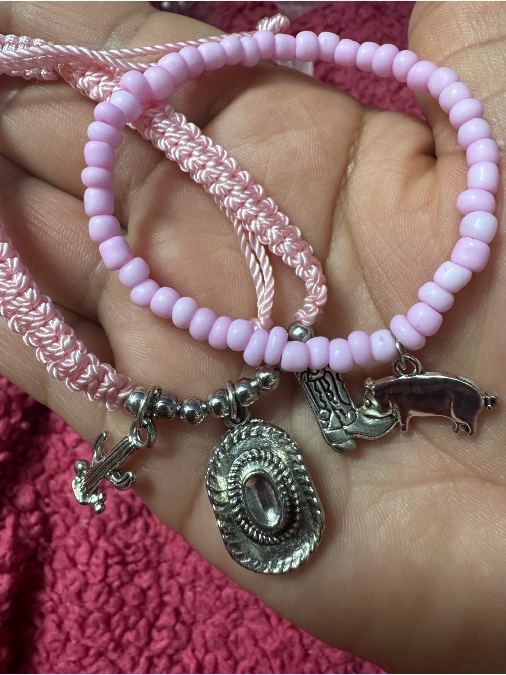 Pink Beaded Western Charm Bracelet Set